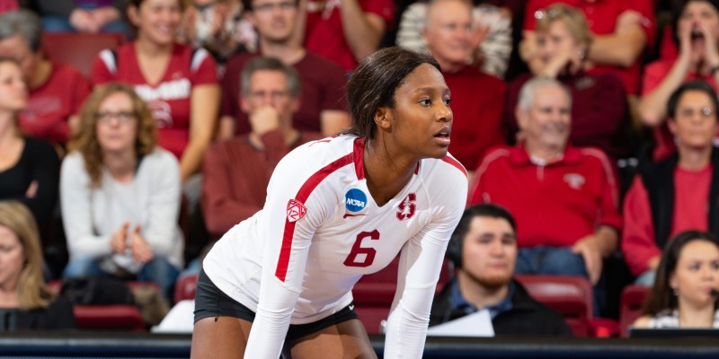 Senior middle blocker Tami Alade (above) holds the highest average blocks per set (1.87) in school history and second highest ever recorded in the NCAA. The decorated senior is a member of two NCAA championship teams (2016, 2018), and was named to multiple All-America teams her senior season. (BOB DREBIN/isiphotos.com)