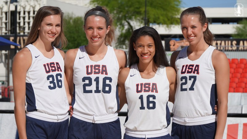 Lacie (27) and Lexie Hull (216), sophomore Estella Moschkau (36) and junior Anna Wilson (16) represented Stanford at the 2019 USA Basketball Women's 3x3 National Championship last weekend in Las Vegas. With a 5-1 record, the four women placed fifth out of 18 teams. (Courtesy of USA Basketball)
