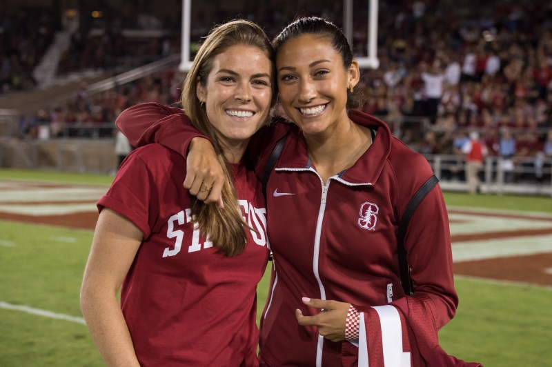 Kelley O’Hara '09 (above, left) is one of the veterans on the national team and is integral to the National Women's Soccer League. She is joined by Christen Press '10 (above, right), who has been playing professionally for nearly a decade, and Tierna Davidson '20. (KAREN AMBROSE HICKEY/stanfordphoto.com)