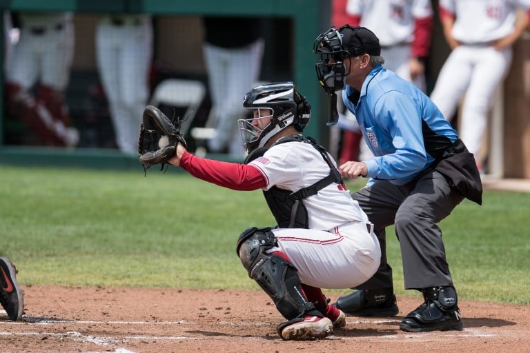 Junior catcher Maverick Handley (above), was named the Pac-12 Co-Defensive Player of the Year. Handley is one of the fewer catchers in college baseball who calls pitches, which is a testament to his game knowledge and skill. He leads the conference with seven pickoffs. (KAREN AMBROSE HICKEY/isiphotos.com)