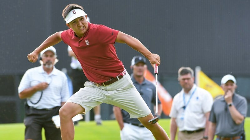 Freshman Daulet Tuleubayev (above) sunk a clutch 18-foot birdie putt on his 18th hole to complete a 3-2 upset against second-seeded Vanderbilt on Tuesday afternoon. Behind Tuleubayev's putt, the sixth-seeded Cardinal advanced to the final round of the NCAA Championships on Wednesday morning against fifth-seeded Texas. (TODD DREXLER/SESPORTSMEDIA.com)