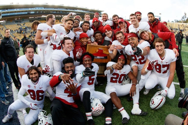 Stanford football players celebrate after defeating Cal 23-13 in the 2018 Big Game at Memorial Stadium. (BOB DREBIN/isiphotos.com)