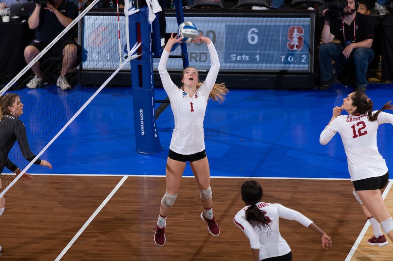 Senior setter Jenna Gray (#1 above) put away the game point against Duke in the third and final game of the College of Charleston Classic. Gray totalled 32 assists, seven digs, four kills and four blocks in the Saturday match-up. (MIKE RASAY/isiphotos.com)