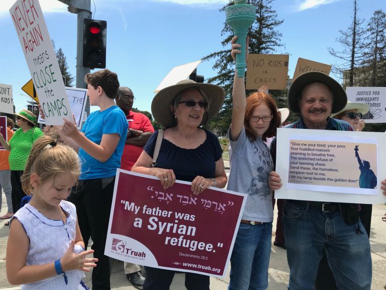 On the first day of the protest, dozens of people held signs showing phrases such as “Never Again means Close the Camps,” and “Support our undocumented brothers and sisters.” (Photo courtesy of Rhona Mahony)