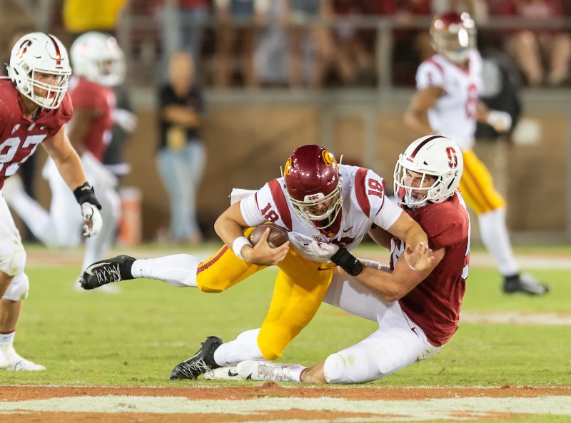 Fifth-year captain Casey Toohill’s sack was a bright spot for a Stanford defense unable to pressure USC’s first-time starting quarterback. (DAVID BERNAL)