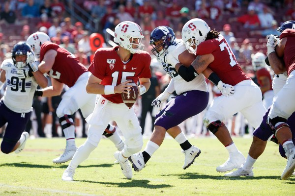 Backup quarterback Davis Mills (#15 above) completed seven of 14 attempts for 81 yards in Stanford's season-opening victory. With senior quarterback K.J. Costello injured, Mills will likely be given the start against USC on Saturday. (BOB DREBIN/isiphotos.com)