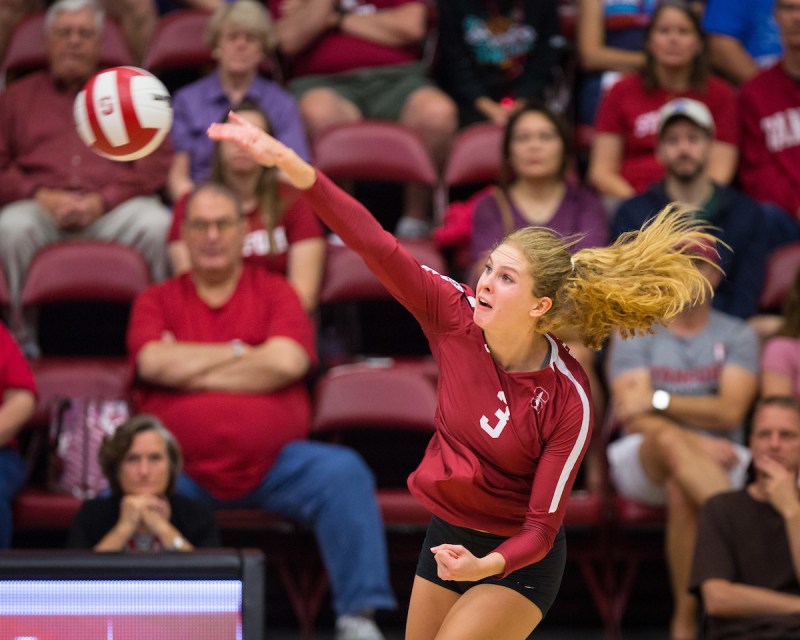 Holly Campbell (above) turned in her best performance of the year, terminating eight kills. Defensively, she had a solo block as Stanford took down No. 7 Florida. (ERIN CHANG/isiphotos.com)
