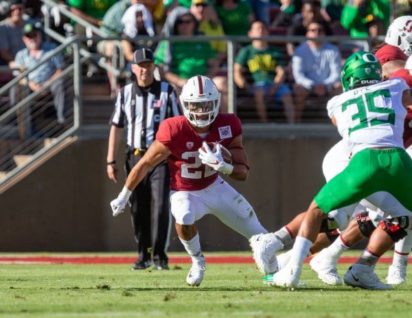 Fifth-year running back and captain Cameron Scarlett (above), an Oregon native, rushed for 72 yards in the 2017 game against Oregon State in Corvallis, replacing an injured Bryce Love '19. Last time out, Scarlett matched a career high with 97 rushing yards, and will look to eclipse the century mark for the first time on Saturday (JOHN P. LOZANO/isiphotos.com).