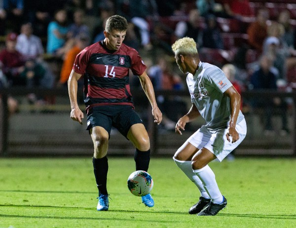 Redshirt sophomore Zach Ryan (above #14) scored his second goal of the season on Monday night. Only 13 minutes into the game, his header was the only score of the night as Stanford defeated UC Irvine 1-0. (JOHN P. LOZANO/isiphotos.com)