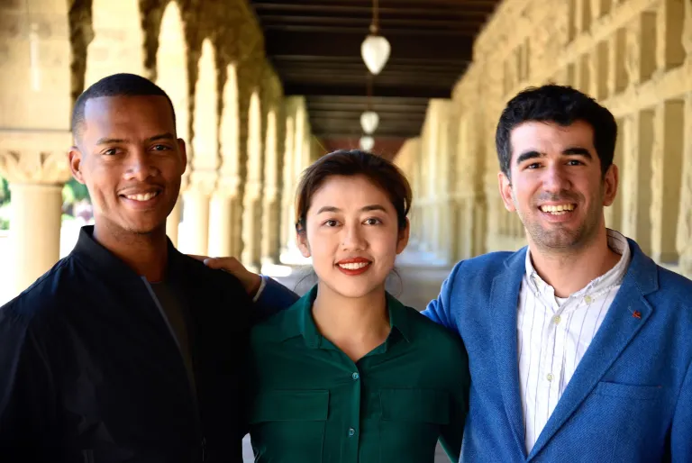 (From left to right) Vince McPhilip M.B.A. ’18, Chengdiao Fan Ph.D. ’14 and Nicolas Kokkalis Ph.D. ’13 cofounded the cryptocurrency network Pi Network with visiting student researcher Aurélien Schiltz. (Photo: Benjamin Mattingly)