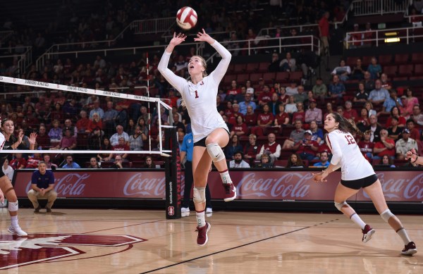 Seniors Jenna Gray (center) and Audriana Fitzmorris (right) led a Plummer-less Cardinal offense to a three set sweep over Arizona. Gray recorded 30 assists and three aces while Fitzmorris tallied nine kills on .615 hitting. (CODY GLENN/isiphotos.com)