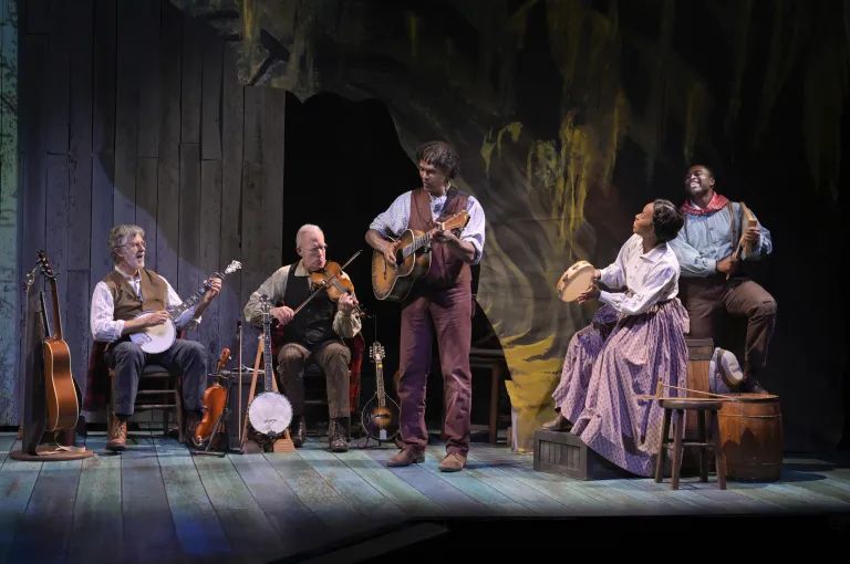 Dan Wheetman, Tony Marcus, Chic Street Man, Valisia LeKae, and Rondrell McCormick (left to right) in “Mark Twain’s River of Song,” presented by TheatreWorks Silicon Valley from October 2 to 27 at the Mountain View Center for the Performing Arts. (Photo: Kevin Berne/TheatreWorks Silicon Valley)