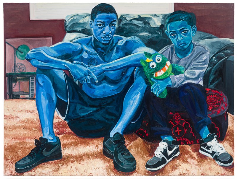 'Miles and Jojo,' an oil on canvas painting of two blue-skinned boys sitting side by side (Photo: Cantor Arts Center/Jordan Casteel)