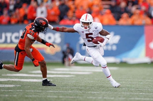 Junior wide receiver Connor Wedington (above) runs the ball down the field during Saturday's 31-28 victory at Oregon State. Wedington collected 31 yards on five receptions, helping the Cardinal secure its first conference victory. (BOB DREBIN/isiphotos.com)