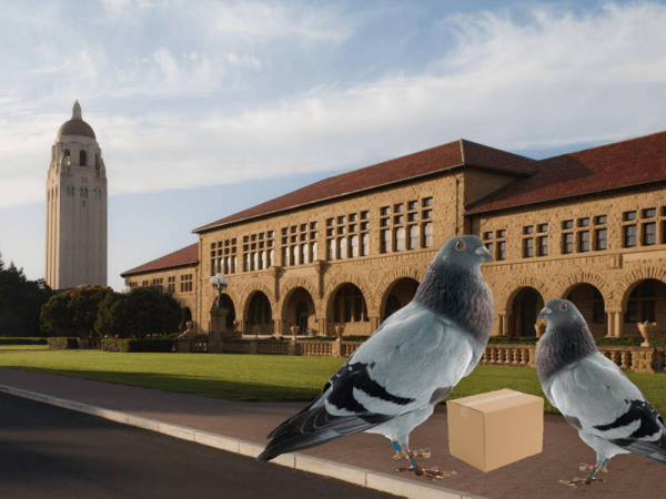 It looks like more than just leaves will be falling on student’s heads this autumn, as the first round of flight tests for carrier pigeons at FedEx has begun after a system failure. (photo edit: Jakob Barrus/THE STANFORD DAILY)