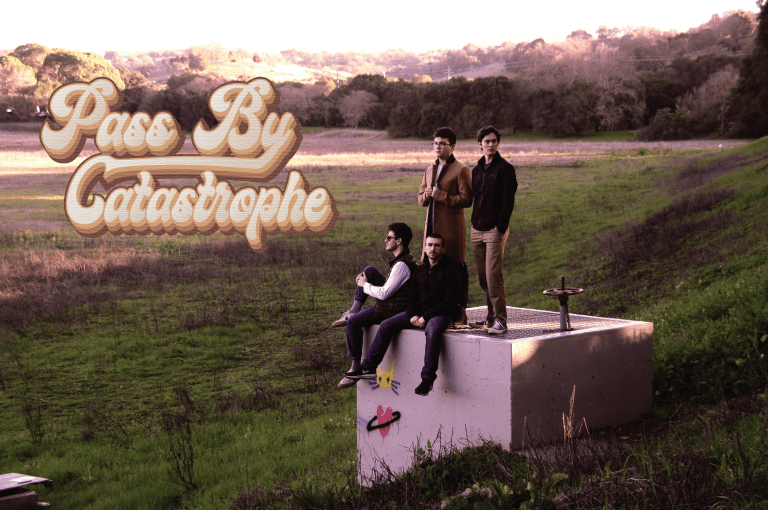 "Pass by Catastrophe" band members Max Kilberg '21, Zach Plante '18, Dexter Simson '21 and Sam Silverman '21 pose with the iconic Lake Lagunita as backdrop. (Photo courtesy of Sam Silverman)