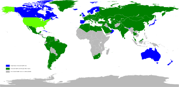 This map demonstrates countries that have some form of universal healthcare coverage. Partners in Health writes urging elected officials to push for universal healthcare policies. (Wikimedia Commons)
