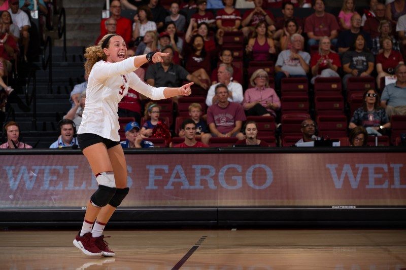 With her 2,155 career digs, senior libero Morgan Hentz (above) now holds the school record. Hentz came into Friday's win over Utah needing 13 ups, which came at the end of the third set. (MIKE RASAY/isiphotos.com)