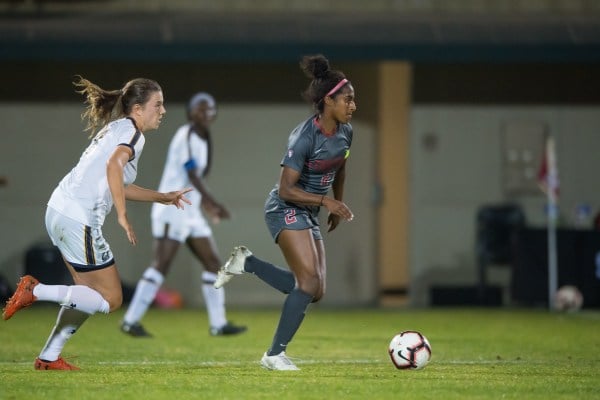 Sophomore defender Naomi Girma (above) led a Stanford defense that dominated possession against Penn State on Sunday. The 2-0 Sweet 16 victory advances No. 1 women's soccer to a Friday 3 p.m. match against undefeated BYU. (Photo: JIM SHORIN/isiphotos.com)