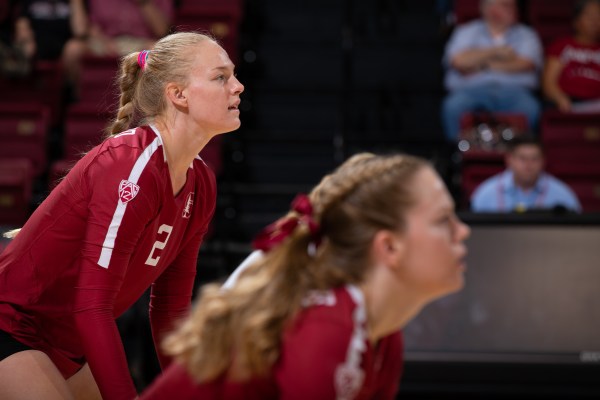 Senior outside hitter Kathryn Plummer (above) returned to the court last weekend after a ten-match absence due to an undisclosed injury. In her first full game back, she terminated 15 kills on .636 hitting, her second-most efficient game of her career. (Photo: MIKE RASAY/isiphotos.com)