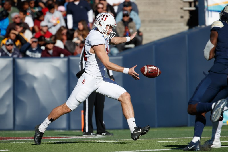 Jake Bailey '19 (above) finished his Stanford career with the all-time record for punting average with 43.81. Now the starter for the New England Patriots, Bailey has been a special teams star; his eight total punts last Sunday against the Eagles averaged 47.6 yards. (Photo: BOB DREBIN/isiphotos.com)
