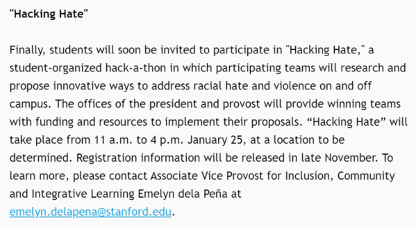 As part of the "Education Against Racial Hatred" series, a day-long hackathon event will be hosted by the President and Provost. (JASMINE SUN / The Stanford Daily)