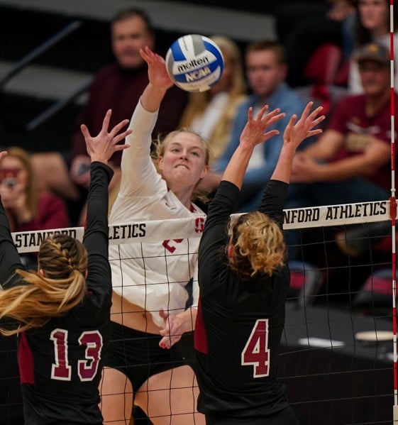 Senior outside hitter Kathryn Plummer (above) terminated a match-high 17 kills on .433 hitting. She also had a season-high five aces as Stanford swept Denver in first round of the NCAA tournament. (GLEN MITCHELL/StanfordPhoto.com)