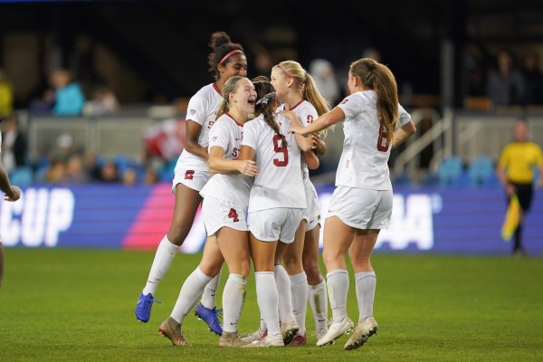 Sophomore forward Sophia Smith (9, above) celebrates her second of three goals in Friday night's 4-1 semifinal victory over UCLA. (Photo courtesy of Stanford Athletics)