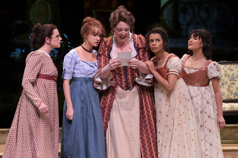 Mary (Melissa WolfKlain), Elizabeth (Mary Mattison), Mrs. Bennet (Heather Orth), Kitty (Chanel Tilghman) and Lydia (Tara Kostmayer) read a letter from Netherfield in the World Premiere Musical “Pride and Prejudice,” presented by TheatreWorks Silicon Valley December 4, 2019 – January 4, 2020 at the Lucie Stern Theatre.
(Photo: Courtesy of Kevin Berne/TheatreWorks)