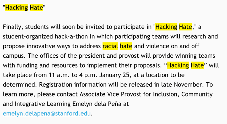 Columnist Logan Welch is a member of the Education Against Racial Hatred Planning Committee, and offers a defense of the event "Hacking Hate," which will occur in January. (JASMINE LIU/The Stanford Daily)