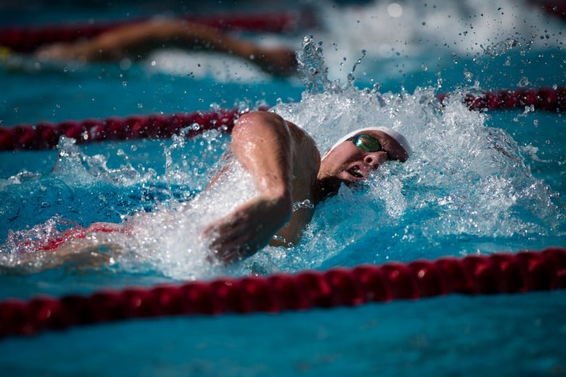 Senior Grant Shoults (above) had a very successful outing after missing all of last season with a shoulder injury. Shoults won both the 200-yard butterfly and the 400-yard IM in come-from-behind fashion. (Photo: ERIN CHANG/isiphotos.com)