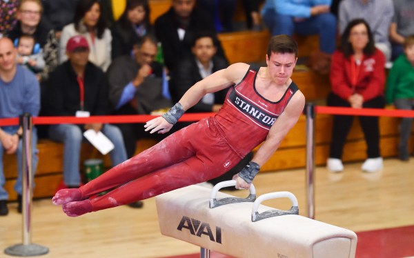 Sophomore Brody Malone (above) notched the best parallel bars score with a 14.350 at the Cal Benefit Cup on Saturday. The All-American helped Stanford score a total of 407.300 points to Cal's 382.850. (Photo: Hector Garcia-Molina / isiphotos.com)