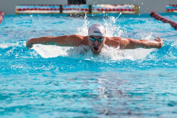 Senior Grant Shoults (above) won three events against the Arizona schools in dual meets two weeks ago. Men's swimming will take on USC this weekend in Los Angeles. (PHOTO: Scott Gould/isiphotos.com)