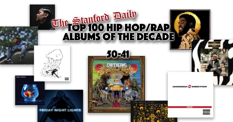 J.I.D, Vince Staples and EarthGang round out this week's rankings of #50-41 of the top 100 hip-hop/rap albums of the decade. (Graphic: HELEN HE/The Stanford Daily)