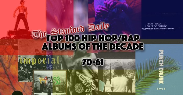 Earl Sweatshirt, Smino, A$AP Rocky and Joey Bada$$ round out this week's continued countdown of the top 100 hip-hop/rap albums of the 2010s. (Graphic: MEGAN KING/The Stanford Daily)
