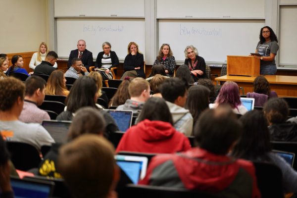 Over 100 students, faculty and community members attended the Associated Students of Stanford University’s (ASSU) town hall on sexual violence on Dec. 4, packing the lecture hall in Building 200 where it was held. (Photo: CHRISTOPHER DEMBIA/The Stanford Daily)