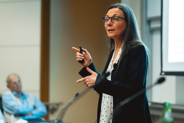 Physics professor Patricia Burchat presents recommendations from the Committee on the Professoriate to the Faculty Senate. (Photo: ANDREW BROADHEAD / Stanford News Service)