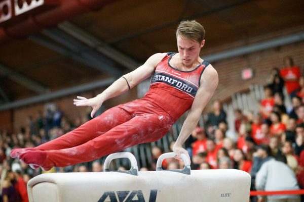 Junior Andrew Bitner (above) produced a career-best 81.200 in the all-around at the Pac-12 Invite on Sunday. The Cardinal defeated No. 11 Cal, No. 12 Arizona State and No. 17 Washington at the tournament. (PHOTO: Bob Drebin/isiphotos.com)