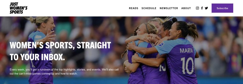 Just Women's Sports (homepage above) is a news website founded by former Stanford soccer player Haley Rosen '15 in order to combat gender disparity in sports media. Rosen played professional soccer after graduating — an experience that highlighted the inequity in coverage for her. (https://www.justwomenssports.com/)