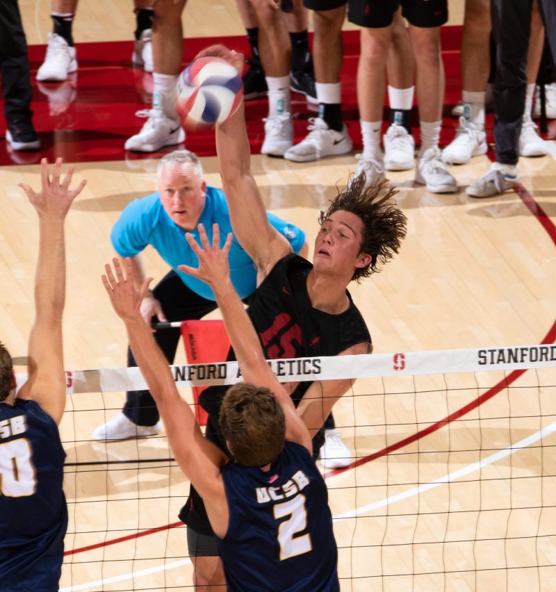 Freshman outside hitter Will Rottman (above) put away 10 kills in Saturday's sweep of UCLA. Rottman was also on fire from the service line, contributing four of Stanford's six aces. (Photo: MIKE RASAY/isiphotos.com)