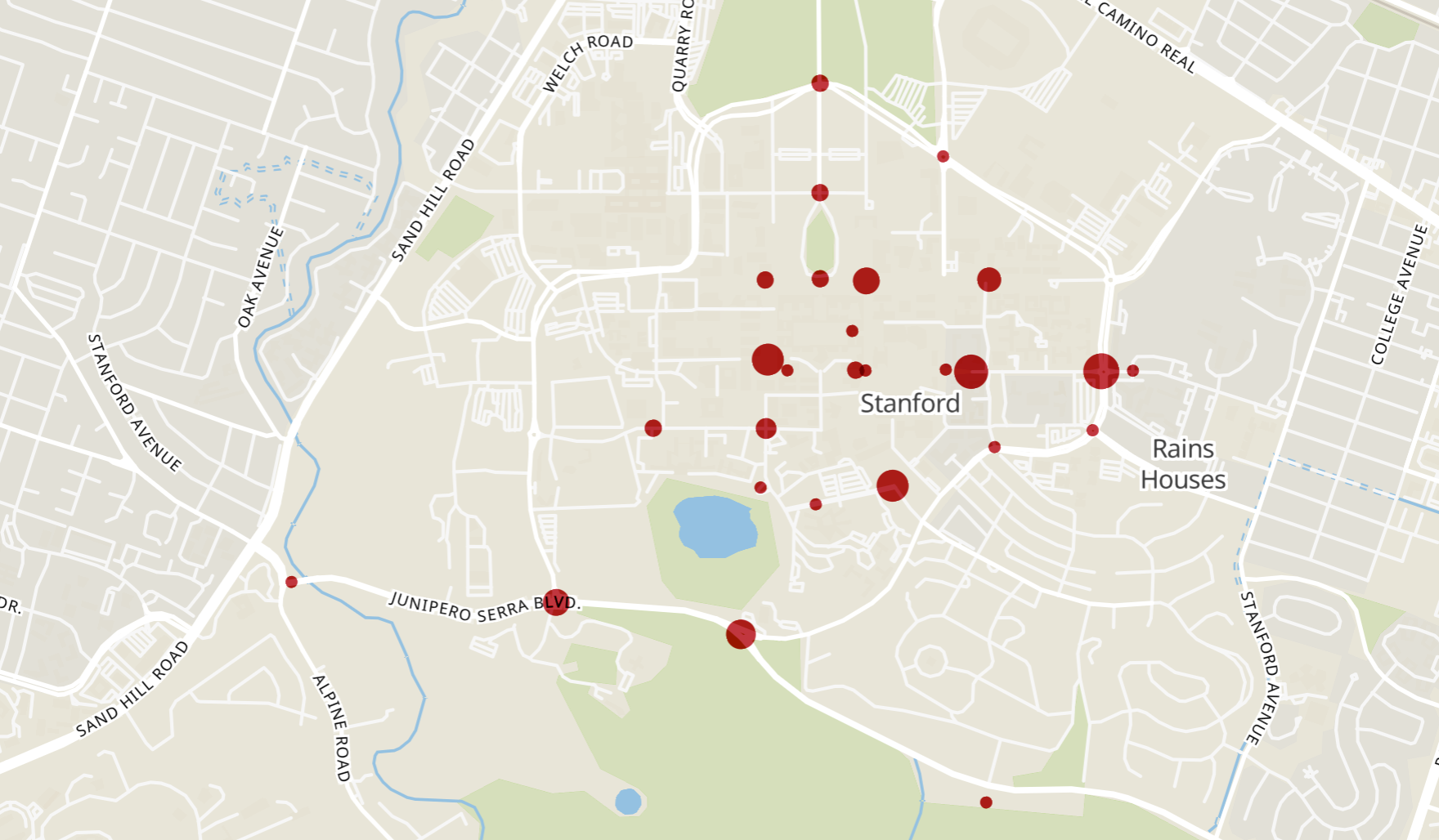 A map shows the most common sites of bike accidents at Stanford.