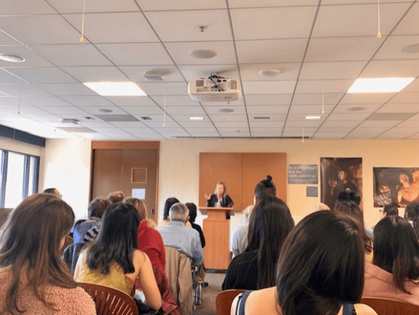 Louise Gluck spoke about the importance of inspiration and teaching to a crowd of Stanford community members at her Wednesday poetry colloquium. (Photo: BROOKE BEYER/The Stanford Daily)