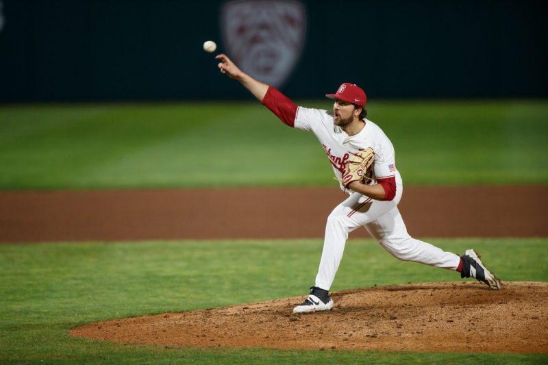 Redshirt senior RHP Jackson Parthasarathy (above) came in relief and escaped a bases-loaded jam in the third inning and pitched another three scoreless innings. He and the Cardinal picked up a 5-4 win against No. 16 Michigan due to Stanford's four-run sixth inning. (BOB DREBIN/isiphotos.com)