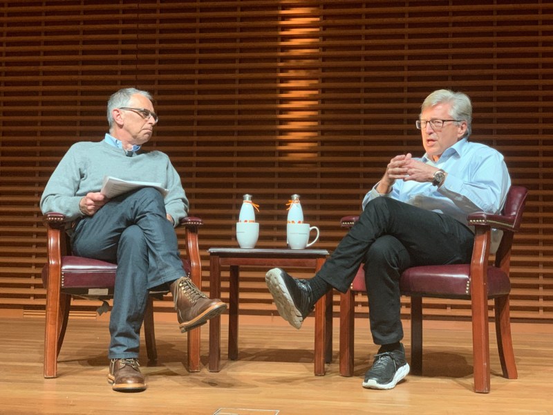John Etchemendy told Russ Altman, host of the radio show “The Future of Everything,” that contemporary artificial intelligence is very limited. (Photo: EMMA TALLEY / The Stanford Daily)