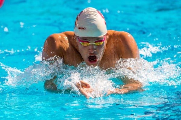 Hank Poppe (above) came in second place in the 100-yard breaststroke (52.33) and fifth place in the 200-yard breaststroke (1:54.19) at Pac-12 Championships. Stanford earned third place in the meet, behind Cal and Arizona. (Photo: Scott Gould/isiphotos.com)