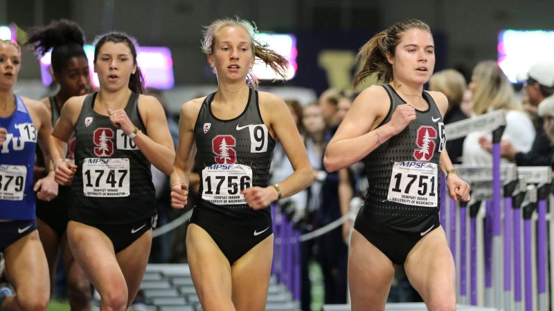 Senior Ella Donaghu (above right) won the women’s mile with a time of 4:34.85 at the MPSF Championships on Saturday. She was followed by junior Jess Lawson (above middle) in second and junior Jordan Oakes in third to complete a Cardinal sweep. (PHOTO: Spencer Allen/SportsImageWire.com)