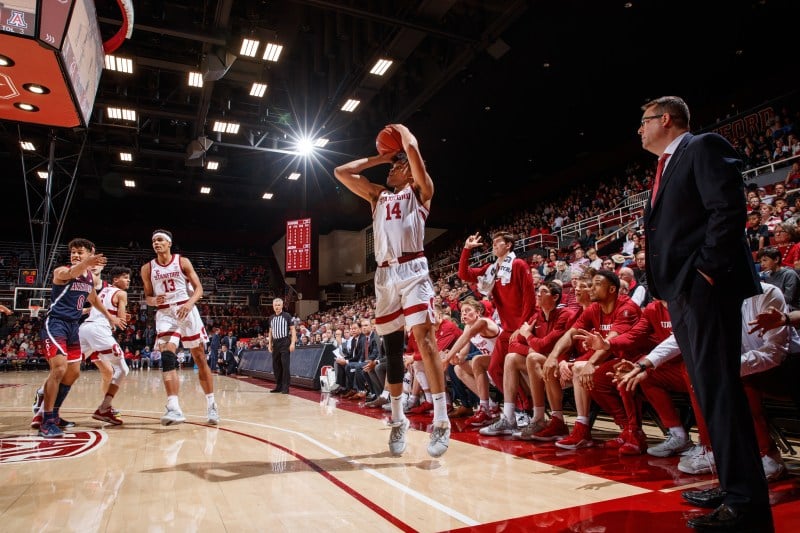 Freshman Spencer Jones (above) had 15 points and four 3-pointers, but it wasn't enough to lift Stanford over No. 13 Oregon. After a hot first half, Jones had the Cardinal's only two successful 3-point attempts. (Photo: BOB DREBIN/isiphotos.com)