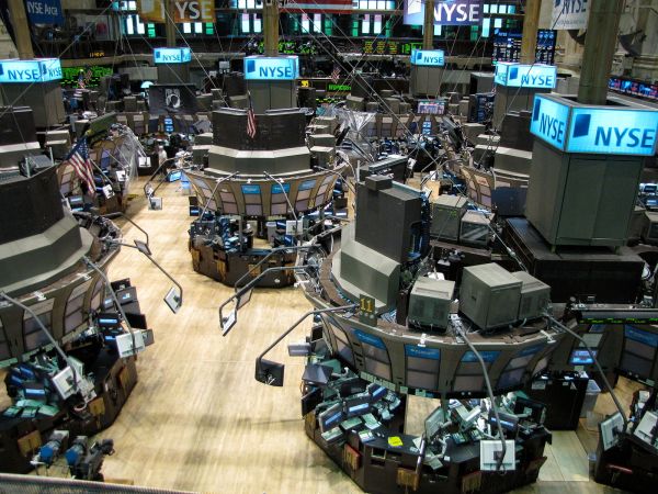 A photo of the empty floor of the New York Stock Exchange