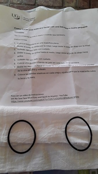 UG2 gave all employees a piece of cloth and instructions on how to make a mask out of it, a decision which employees have criticized as an inadequate response to the threat of COVID-19. (Courtesy of UG2 employee)