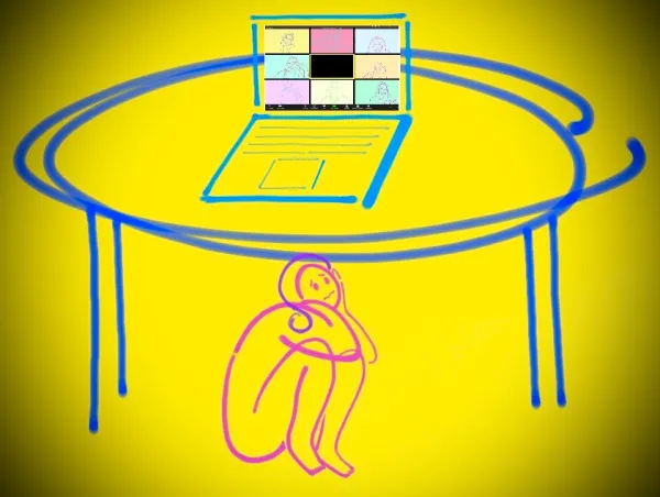 A person hiding under a table on which a laptop has Zoom open (Illustration: HELENA ZHANG/The Stanford Daily)